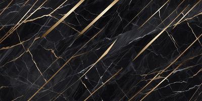The primary subject of the image is a black and gold marble pattern. The setting is a black background, and the visual style is a close-up of the marble pattern. The colors and mood of the image are predominantly black and gold, creating a sophisticated and elegant atmosphere.