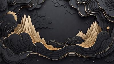 The primary subject of the image is a mountain range, which is depicted in a black and gold color scheme. The setting is a nighttime scene with a dark sky, creating a dramatic atmosphere. The visual style is a combination of digital art and illustration, giving the image a unique and artistic appearance. The colors and mood convey a sense of mystery and grandeur, as the mountain range stands tall against the night sky.