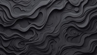The primary subject of the image is a black and white artwork featuring a series of interconnected, spiraling shapes. The setting is a black background, which contrasts with the artwork, emphasizing its intricate details. The visual style is a combination of digital art and illustration, creating a unique and captivating pattern. The colors and mood of the artwork are predominantly black and white, giving it a bold and striking appearance.