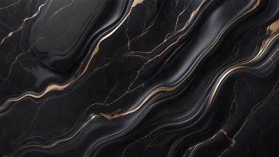The primary subject of the image is a black marble countertop with gold veins running through it. The setting is a kitchen, and the visual style is a close-up of the marble countertop. The dominant colors are black and gold, creating a luxurious and elegant atmosphere.