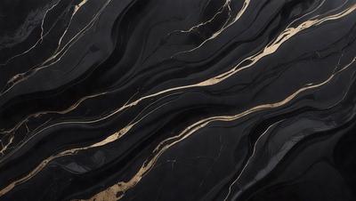 The primary subject of the image is a marble countertop with a gold-colored pattern. The setting is a kitchen, and the visual style is a close-up of the marble countertop. The dominant colors are black and gold, creating a luxurious and elegant atmosphere.