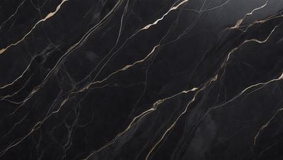 The primary subject of the image is a black marble countertop with a patterned design. The setting is a kitchen, and the visual style is a close-up of the marble countertop. The colors and mood of the image are dark and dramatic, with the black marble providing a striking contrast against the background.