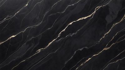 The primary subject of the image is a black marble countertop with a gold pattern. The setting is a kitchen, and the visual style is a close-up of the marble countertop. The dominant colors are black and gold, creating a luxurious and elegant atmosphere.