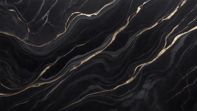 The primary subject of the image is a black and gold marble countertop. The setting is a kitchen, with the countertop being the main focus of the scene. The visual style is a close-up of the marble countertop, showcasing its intricate patterns and textures. The dominant colors are black and gold, creating a luxurious and elegant atmosphere.