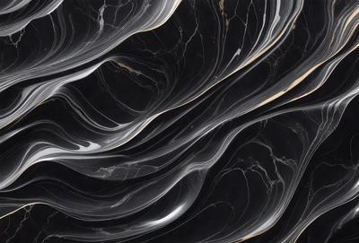 The primary subject of the image is a black and white marble pattern. The setting is a black background, which contrasts with the marble pattern. The visual style is a close-up of the marble pattern, showcasing its intricate details. The colors and mood of the image are predominantly black and white, giving it a classic and elegant appearance.