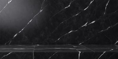 The primary subject of the image is a marble countertop with a black marble backsplash. The setting is a kitchen or bathroom area, with a black marble wall and a black marble countertop. The visual style is a close-up of the marble countertop, showcasing its texture and design. The colors and mood of the image are predominantly black, giving it a sleek and modern appearance.