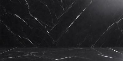 The primary subject of the image is a black marble countertop. The setting is a room with a black marble wall, which complements the countertop. The visual style is a close-up of the marble countertop, showcasing its texture and beauty. The colors and mood of the image are predominantly black, giving it a sleek and modern appearance.