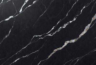 The primary subject of the image is a marble countertop with a black and white pattern. The setting is a kitchen, and the visual style is a close-up of the countertop. The colors and mood of the image are predominantly black and white, giving it a classic and elegant appearance.
