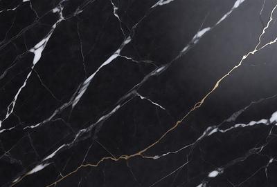 The primary subject of the image is a marble countertop with a gold streak running through it. The setting is a black background, which contrasts with the marble countertop. The visual style is a close-up of the marble countertop, showcasing its unique texture and color. The colors and mood of the image are predominantly black and gold, giving it a luxurious and elegant appearance.