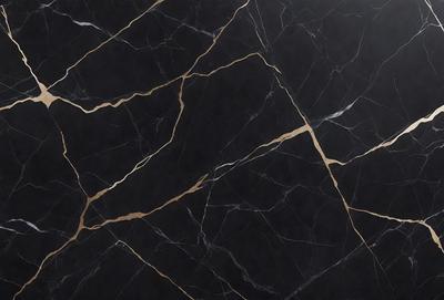 The primary subject of the image is a black marble countertop with gold veins. The setting is a kitchen, and the visual style is a close-up of the marble countertop. The dominant colors are black and gold, creating a luxurious and elegant atmosphere.