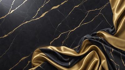 The primary subject of the image is a person, possibly a woman, wearing a gold and black outfit. The setting is a black and gold marble wall, which serves as the backdrop for the scene. The visual style appears to be a combination of digital art and illustration, creating a unique and eye-catching design. The colors and mood of the image are predominantly gold and black, giving it a luxurious and elegant appearance.
