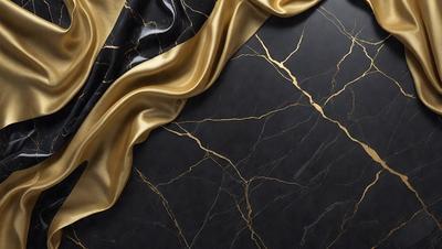 The primary subject of the image is a gold and black fabric, which is draped over a marble surface. The setting is a black and gold marble countertop, and the visual style appears to be a combination of photo and digital art. The colors and mood of the image are predominantly black and gold, creating a luxurious and elegant atmosphere.