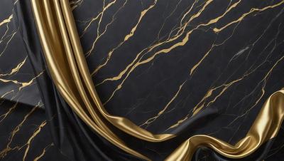 The primary subject of the image is a marble-like surface with a gold and black pattern. The setting is a black background, and the visual style appears to be a combination of a photo and digital art. The colors and mood of the image are predominantly black and gold, creating a luxurious and elegant atmosphere.