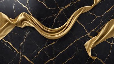 The primary subject of the image is a gold tie, which is prominently displayed on a black marble surface. The tie is positioned in a way that it appears to be hanging off the edge of the table. The setting is a black marble table, which serves as the backdrop for the tie. The visual style of the image is a close-up of the tie, emphasizing its gold color and texture. The colors and mood of the image are predominantly black and gold, creating a sophisticated