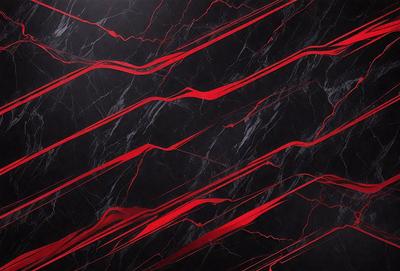 The primary subject of the image is a marble surface with red stripes. The setting is a black background, which contrasts with the red stripes. The visual style is a close-up of the marble surface, showcasing the intricate pattern of the red stripes. The colors and mood of the image are bold and striking, with the red stripes creating a sense of depth and contrast against the black background.