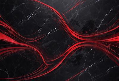 The primary subject of the image is a red and black marble pattern. The setting is a black marble surface, and the visual style appears to be a digital art or illustration. The dominant colors are red and black, creating a bold and striking appearance.