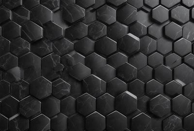 The primary subject of the image is a black and white patterned surface, which appears to be a marble or stone texture. The setting is a black background, which contrasts with the patterned surface. The visual style is a close-up of the pattern, showcasing the intricate details of the design. The colors and mood of the image are predominantly black and white, giving it a classic and elegant appearance.