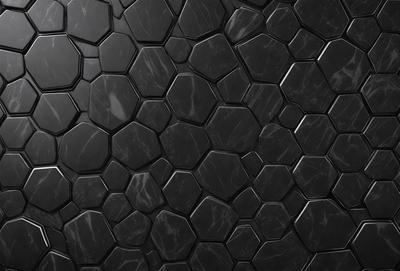 The primary subject of the image is a black and white marble tile pattern. The setting is a black background, which contrasts with the marble tile pattern. The visual style is a close-up of the marble tile pattern, showcasing its intricate details. The colors and mood of the image are predominantly black and white, giving it a classic and elegant appearance.