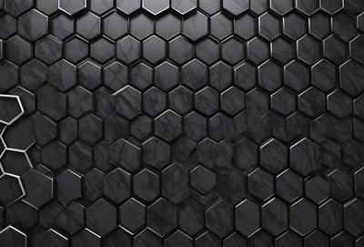 The primary subject of the image is a black and white patterned wallpaper with a hexagonal design. The setting is a black background, which emphasizes the pattern and creates a striking visual effect. The visual style is a combination of a photo and a pattern, giving the image a unique and artistic appearance. The colors and mood of the image are predominantly black and white, with a touch of contrasting colors in the hexagonal pattern, creating a sense of depth and complexity.