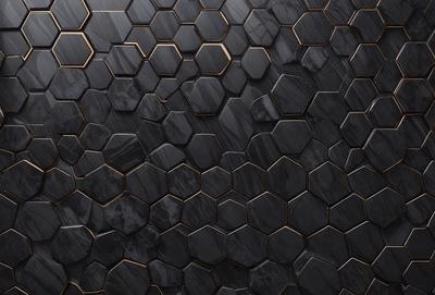 The primary subject of the image is a black and gold patterned wall. The setting is a black and gold tiled wall, which creates a visually striking and luxurious atmosphere. The visual style is a close-up of the tiled wall, showcasing the intricate pattern and design. The colors and mood of the image are predominantly black and gold, giving it a sophisticated and elegant appearance.