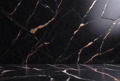 The primary subject of the image is a marble wall with a black and gold pattern. The setting is a room with a black background, and the visual style is a photo. The dominant colors are black and gold, creating a luxurious and elegant atmosphere.