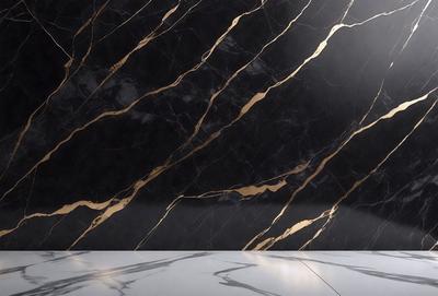 The primary subject of the image is a marble wall with a gold-colored design. The setting is a room with a black background, which contrasts with the gold and marble design. The visual style is a close-up of the marble wall, showcasing the intricate details of the gold pattern. The colors and mood of the image are elegant and sophisticated, with the gold and marble creating a luxurious and high-end atmosphere.