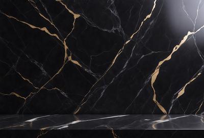 The primary subject of the image is a marble countertop with a black background. The countertop features a pattern of gold and black, giving it a luxurious and elegant appearance. The visual style of the image is a close-up of the marble countertop, highlighting its intricate design and texture. The colors and mood of the image are predominantly black and gold, creating a sophisticated and timeless atmosphere.