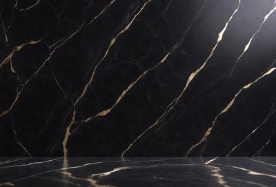 The primary subject of the image is a marble countertop with a black and gold pattern. The setting is a dark room, and the visual style appears to be a photo. The dominant colors are black and gold, creating a luxurious and elegant atmosphere.