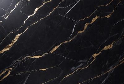 The primary subject of the image is a marble countertop with a gold-colored pattern. The setting is a kitchen, and the visual style is a close-up of the marble countertop. The colors and mood of the image are predominantly black and gold, giving it a luxurious and elegant appearance.