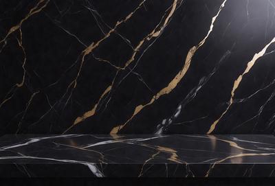 The primary subject of the image is a marble countertop with a black and gold pattern. The setting is a room with a black wall, and the visual style is a close-up of the countertop. The colors and mood of the image are predominantly black and gold, giving it a luxurious and elegant appearance.