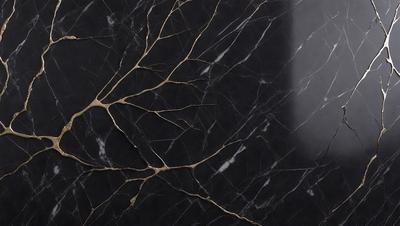 The primary subject of the image is a marble countertop with a black background. The countertop features a gold-colored design, giving it a luxurious and elegant appearance. The visual style of the image is a close-up of the marble countertop, showcasing its intricate details and patterns. The colors and mood of the image are predominantly black and gold, creating a sophisticated and timeless atmosphere.