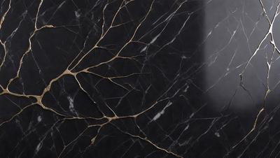 The primary subject of the image is a marble countertop with a black background. The countertop features a gold-colored design, giving it a luxurious and elegant appearance. The visual style of the image is a close-up of the marble countertop, showcasing its intricate details and patterns. The colors and mood of the image are predominantly black and gold, creating a sophisticated and timeless atmosphere.