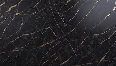 The primary subject of the image is a black marble countertop with a pattern of gold streaks. The setting is a kitchen, and the visual style is a close-up of the marble countertop. The dominant colors are black and gold, creating a luxurious and elegant atmosphere.