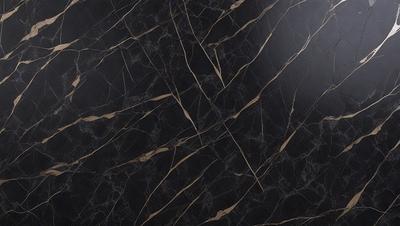 The primary subject of the image is a black marble countertop with a pattern of gold streaks. The setting is a kitchen, and the visual style is a close-up of the marble countertop. The dominant colors are black and gold, creating a luxurious and elegant atmosphere.