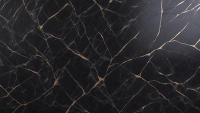 The primary subject of the image is a black marble countertop with a gold-colored pattern. The setting is a kitchen, and the visual style is a close-up of the marble countertop. The dominant colors are black and gold, creating a luxurious and elegant atmosphere.