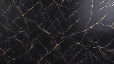 The primary subject of the image is a black marble countertop with a gold pattern. The setting is a kitchen, and the visual style is a close-up of the marble countertop. The dominant colors are black and gold, creating a luxurious and elegant atmosphere.