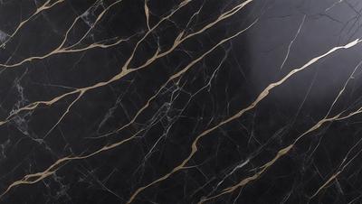 The primary subject of the image is a marble countertop with a black background. The countertop features a pattern of gold and black stripes, giving it a luxurious and elegant appearance. The visual style of the image is a close-up of the marble countertop, showcasing its intricate design and texture. The colors and mood of the image are predominantly black and gold, creating a sophisticated and timeless atmosphere.