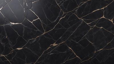 The primary subject of the image is a black marble countertop with a gold pattern. The setting is a kitchen, and the visual style is a close-up of the marble countertop. The dominant colors are black and gold, creating a luxurious and elegant atmosphere.
