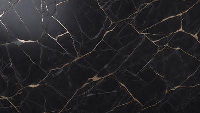 The primary subject of the image is a black marble countertop with a gold pattern. The setting is a kitchen, and the visual style is a close-up of the marble countertop. The dominant colors are black and gold, creating a luxurious and elegant atmosphere.