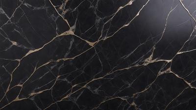 The primary subject of the image is a black marble countertop with gold veins. The setting is a kitchen, and the visual style is a close-up of the marble countertop. The dominant colors are black and gold, creating a luxurious and elegant atmosphere.