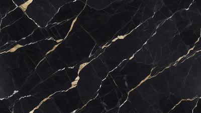 The primary subject of the image is a marble countertop with a black and gold pattern. The setting is a kitchen, and the visual style is a close-up of the countertop. The dominant colors are black and gold, creating a luxurious and elegant atmosphere.