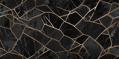 The primary subject of the image is a black and gold marble pattern. The setting is a black and gold marble surface, which serves as the background. The visual style is a close-up of the marble pattern, showcasing the intricate details of the design. The colors and mood of the image are predominantly black and gold, creating a luxurious and elegant atmosphere.
