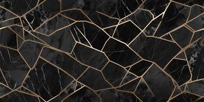 The primary subject of the image is a black and gold marble pattern. The setting is a black and gold marble surface, which serves as the background. The visual style is a close-up of the marble pattern, showcasing the intricate details of the design. The colors and mood of the image are predominantly black and gold, creating a luxurious and elegant atmosphere.