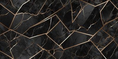 The primary subject of the image is a black and gold marble pattern. The setting is a black background, and the visual style is a close-up of the marble pattern. The colors and mood of the image are predominantly black and gold, creating a sophisticated and elegant atmosphere.