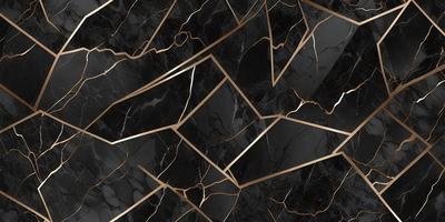 The primary subject of the image is a black and gold marble pattern. The setting is a black background, and the visual style is a close-up of the marble pattern. The colors and mood of the image are predominantly black and gold, creating a sophisticated and elegant atmosphere.