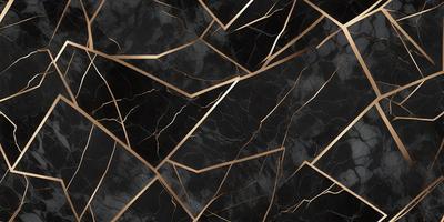 The primary subject of the image is a marble tile with a gold pattern. The setting is a black background, which contrasts with the gold and black marble tile. The visual style is a close-up of the marble tile, showcasing its intricate design. The colors and mood of the image are predominantly black and gold, creating a luxurious and elegant atmosphere.