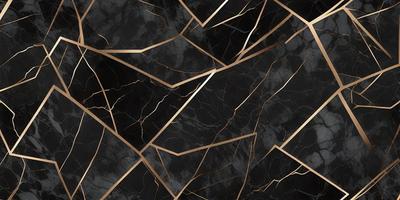 The primary subject of the image is a marble tile with a gold pattern. The setting is a black background, which contrasts with the gold and black marble tile. The visual style is a close-up of the marble tile, showcasing its intricate design. The colors and mood of the image are predominantly black and gold, creating a luxurious and elegant atmosphere.