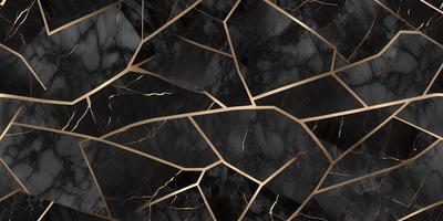 The primary subject of the image is a close-up of a marble surface with gold accents. The setting is a black and gold marble countertop, and the visual style is a combination of a photo and digital art. The dominant colors are black and gold, creating a luxurious and elegant atmosphere.