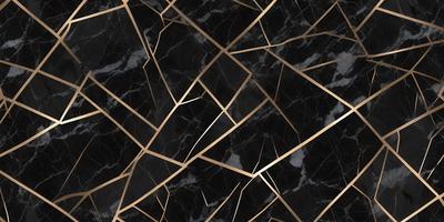 The primary subject of the image is a black and gold marble pattern. The setting is a black marble surface, and the visual style is a close-up of the marble pattern. The dominant colors are black and gold, creating a luxurious and elegant atmosphere.