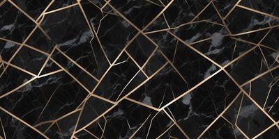 The primary subject of the image is a black and gold marble pattern. The setting is a black background, and the visual style is a close-up of the marble pattern. The colors and mood of the image are predominantly black and gold, creating a sophisticated and elegant atmosphere.